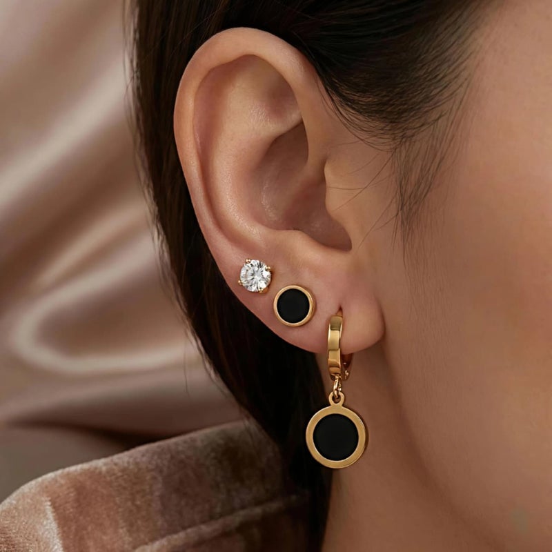 A set of three pairs of exquisite gold earrings: sparkling zircon studs, striking black posts, and luxurious black dangling circles. Crafted from durable stainless steel, a captivating and perfectly harmonious combination. - Image 2